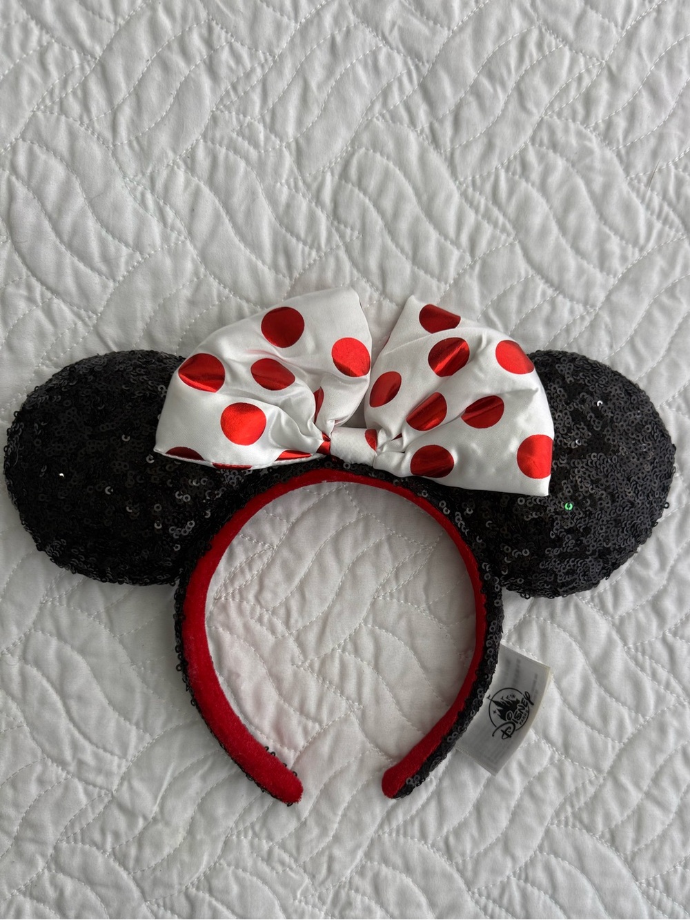 Disney Parks Minnie Mouse Black Sequin Ears Red Polka Dot Bow Headband